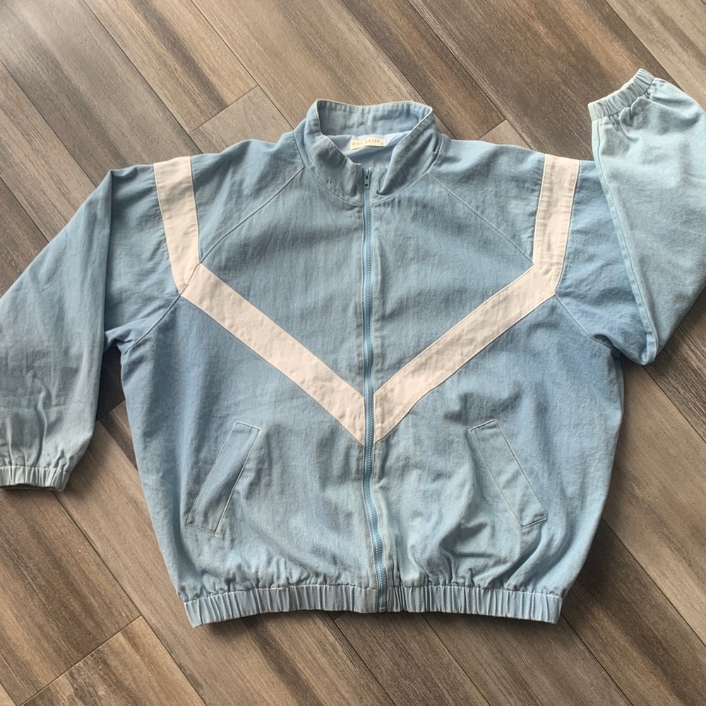 Light Blue Retro Denim Jacket with White Chevron Design